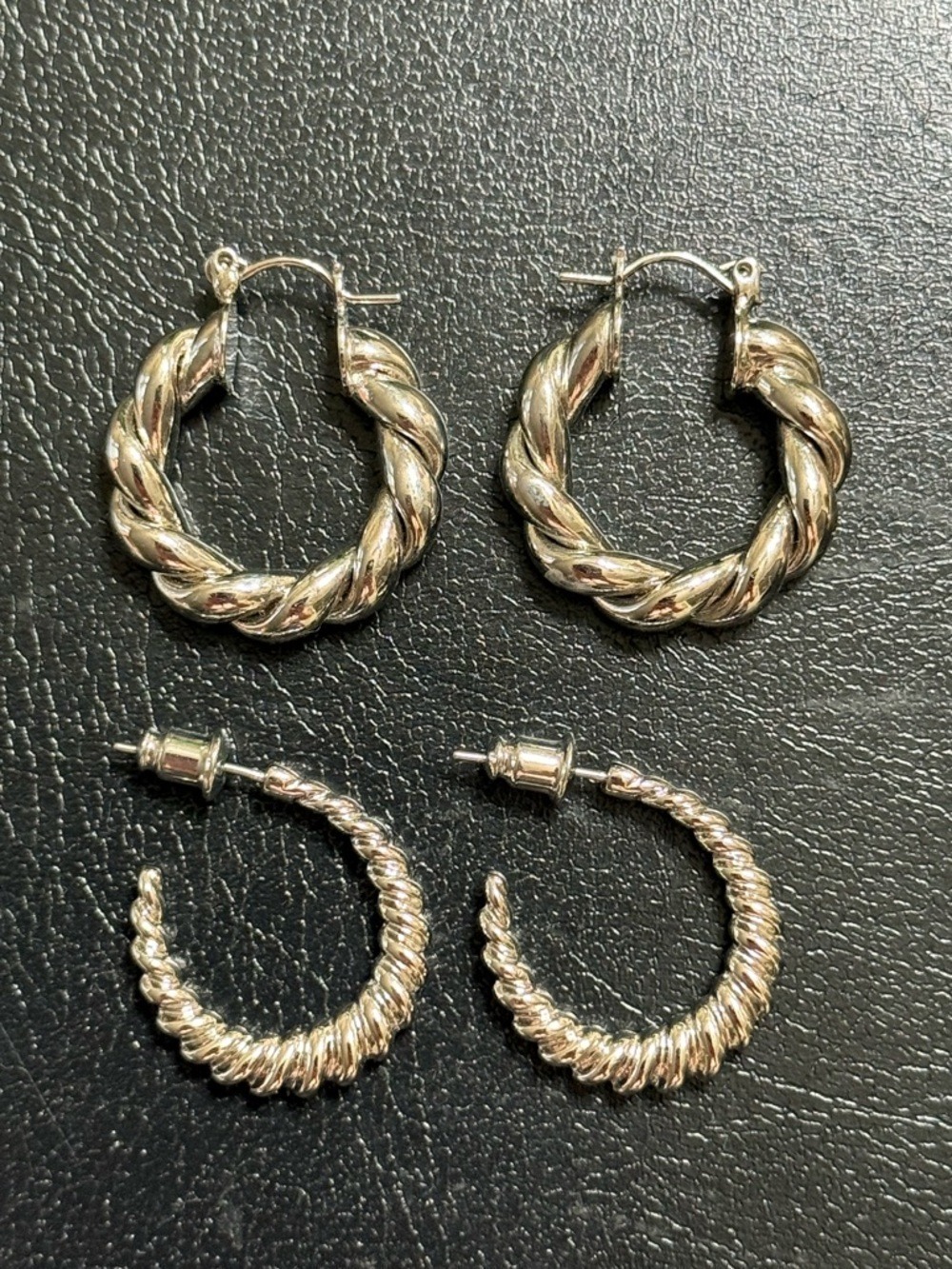 Silver Tone Twisted Hoop Earrings Set of 2 Pairs